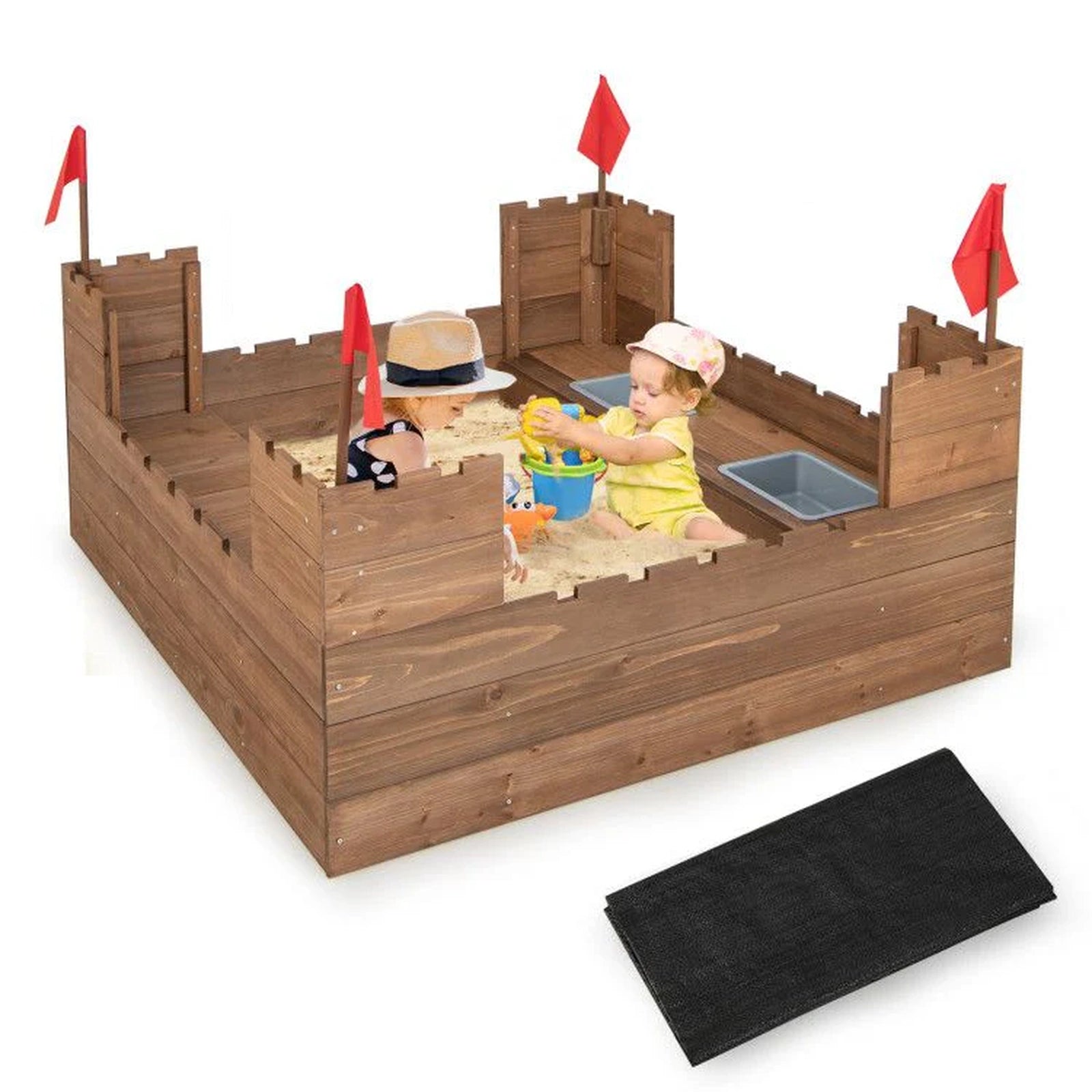 Doba Kids Wooden Sandbox with Bottom Liner and Red Flags Brown