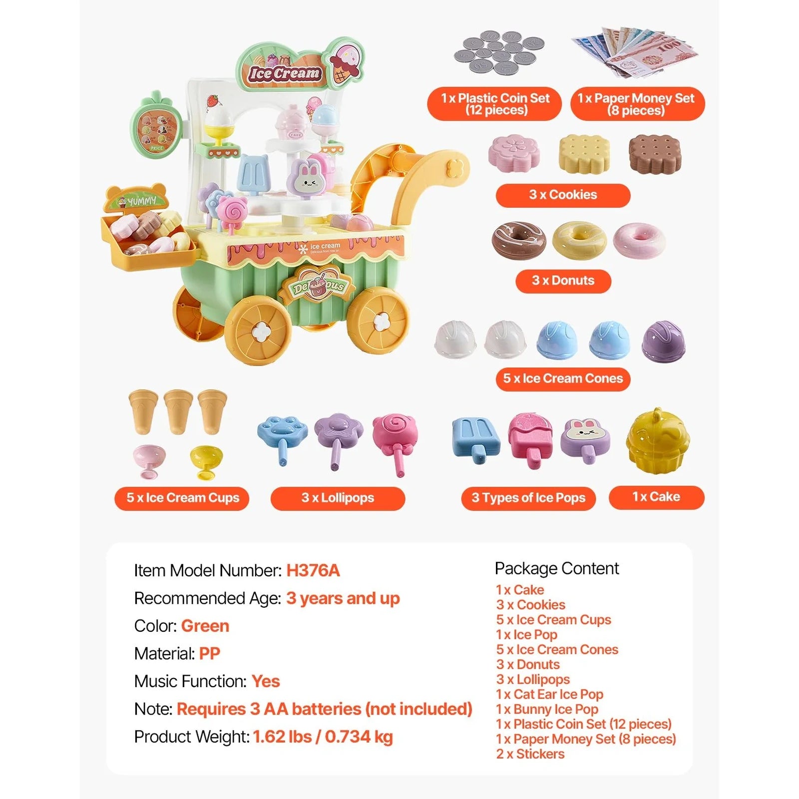 Doba Ice Cream Cart for Kids, 27 PCS Accessories, Pretend Play Store with Storage Trolley with Pretend Money, Sound & Light Effects, Montessori Educational Ice Cream Truck Toys for Toddlers 3+