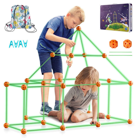 Doba Fort Building Kit for Kids, 85PCS Glow in The Dark STEM Building Toys, Educational Gift for 4 5 6 7 8+ Year Old Boys & Girls, Indoor Outdoor Play Tent Construction Toys with 55 Rods and 30 Balls