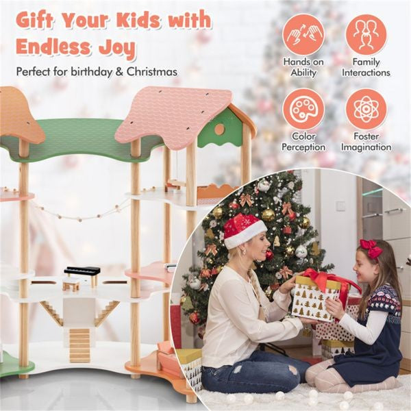 Doba 3-Tier Dollhouse with 7 Rooms & 31 Cute Furniture, MDF+Pine Wood Corner Design Kids Toy
