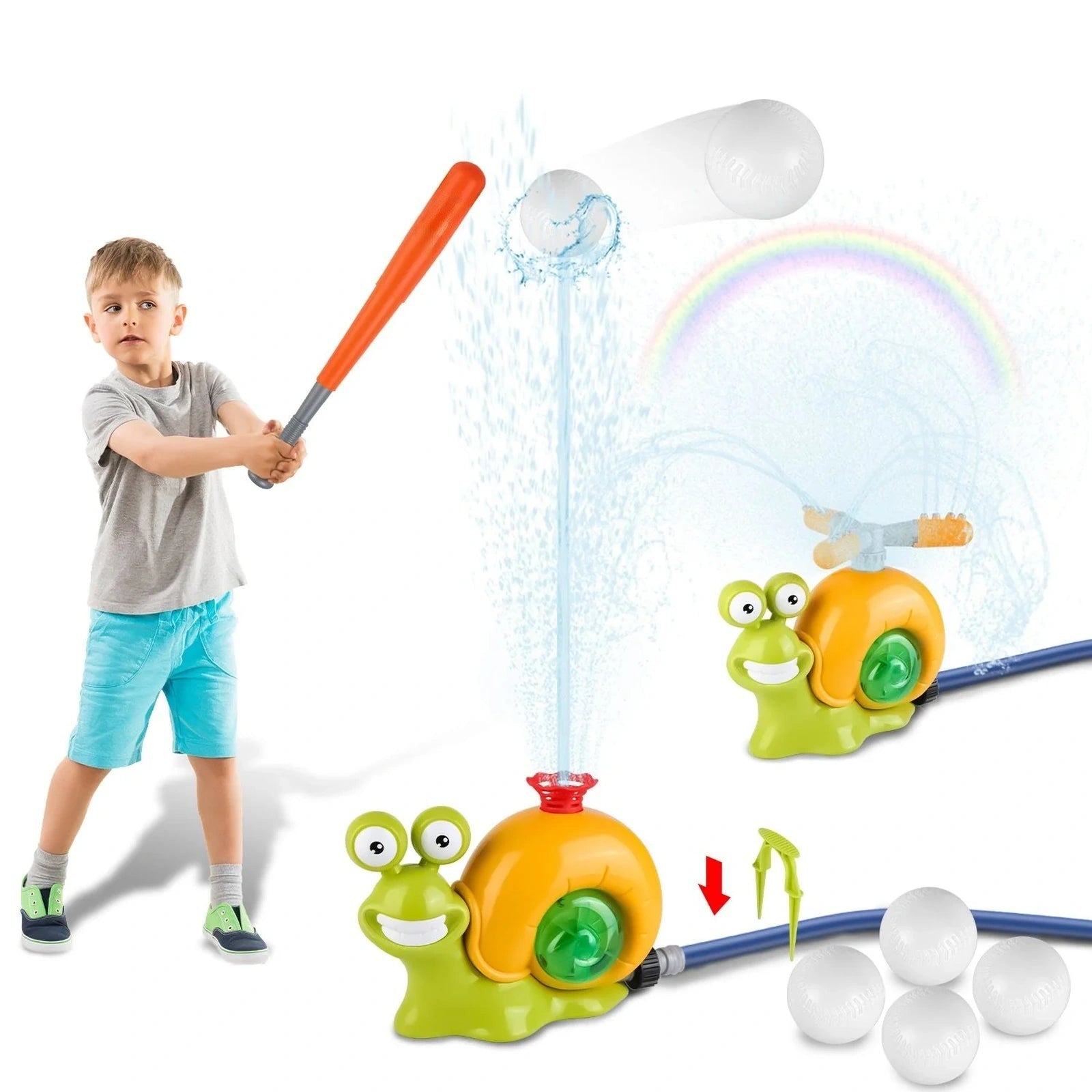 Doba 2 In 1 Snail Water Sprinkler Baseball Toy With 2 Sprinkler Nozzles 360° Rotating Spray Baseball Sprinkler Summer Water Toy For 4-8Years Old Boys Girls Backyard Pool Garden Lawn