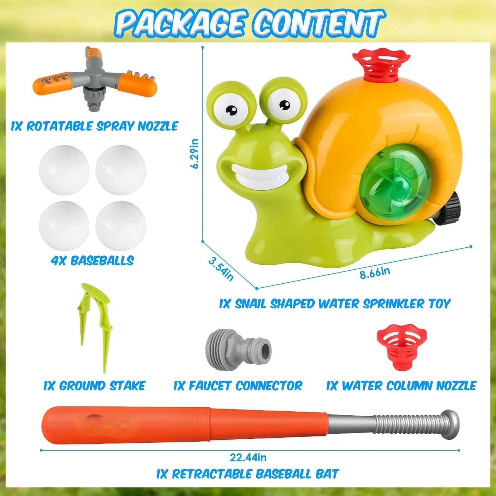 Doba 2 In 1 Snail Water Sprinkler Baseball Toy With 2 Sprinkler Nozzles 360° Rotating Spray Baseball Sprinkler Summer Water Toy For 4-8Years Old Boys Girls Backyard Pool Garden Lawn